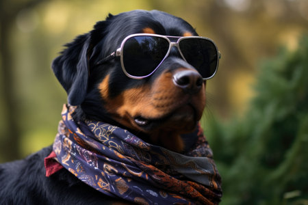 a rottweiler in a park, wearing sports sunglasses and a bandanaの素材