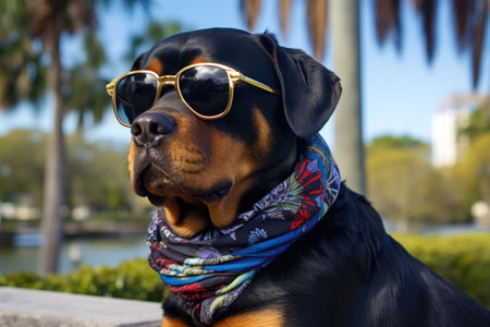 a rottweiler in a park, wearing sports sunglasses and a bandanaの素材