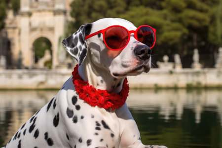 dalmatian dog wearing oversized red sunglasses in a parkの素材