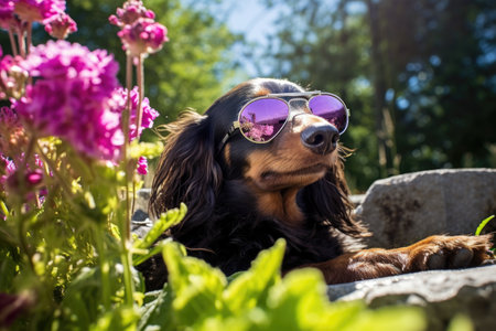 dachshund wearing reflective sunglasses in a sunny gardenの素材