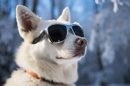 a husky in the snow, wearing ski sunglassesの素材