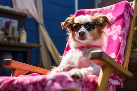 a small terrier with round sunglasses lounging on a deck chairの素材