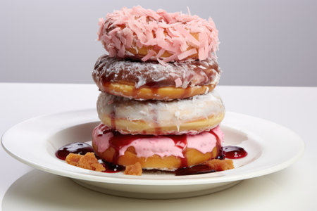 a stack of assorted donuts on a plain white plateの素材