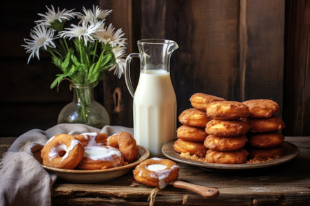 a stack of glazed donuts with a glass of milk on a rustic tableの素材