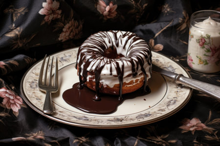 a chocolate donut with white icing on a ceramic plate, with a fork beside itの素材