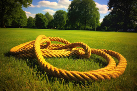 double dutch ropes lying on grass after a gameの素材