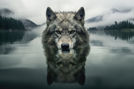 a wolfs face superimposed with the image of a calm, serene lakeの素材