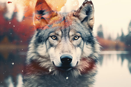 double exposure of wolfs face and autumn forest sceneryの素材