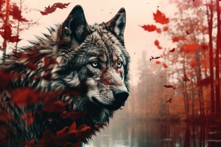 double exposure of wolfs face and autumn forest sceneryの素材
