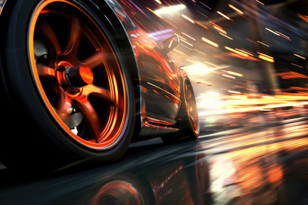 low-angle shot of a drag racing cars rear wheels spinning at the startの素材