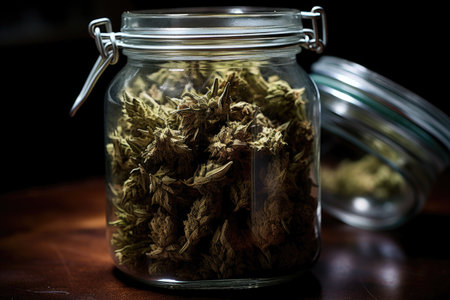 macro shot of dried cannabis buds in a glass jarの素材
