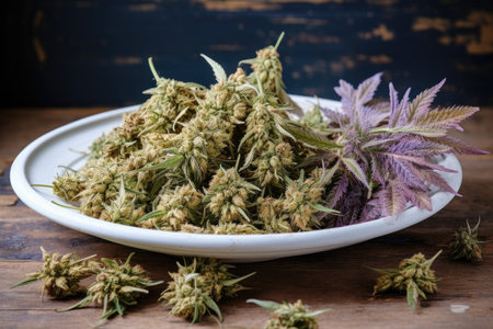 dried cannabis flowers on a white ceramic dish, with a hemp leaf nearbyの素材