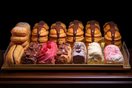 eclairs arranged in a bakery display case with other pastriesの素材