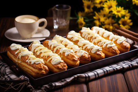 a tray of freshly baked eclairs with vanilla icing on a wooden tableの素材