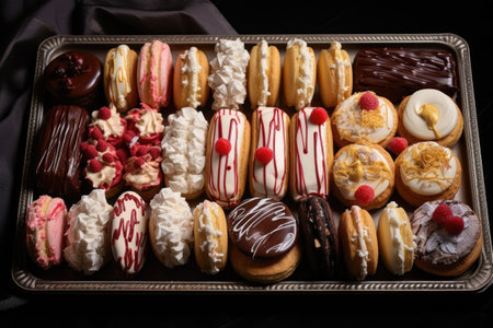a tray full of eclairs with various toppings: chocolate, vanilla, and strawberryの素材
