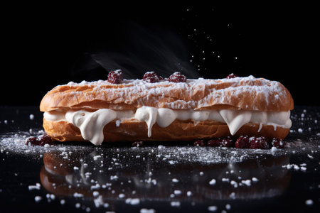 an eclair with a dusting of powdered sugar on a dark backgroundの素材