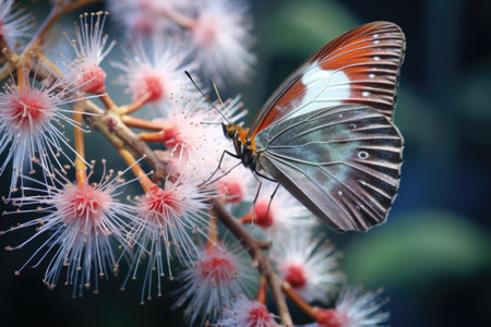 a butterfly perched on a blooming eucalyptus flowerの素材