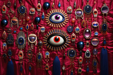 a collection of evil eye amulets in various colors and sizes on a vivid textileの素材