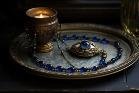 an evil eye bead necklace on an antique metal trayの素材