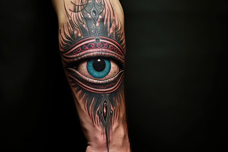 a man with a tattoo of an evil eye on his forearmの素材