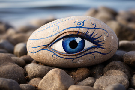 a close-up of an evil eye painted on a stone, placed on a sandy beachの素材