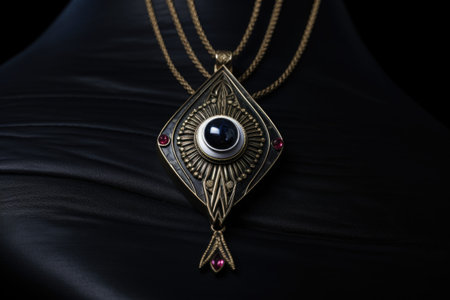 a necklace with an evil eye pendant against a black velvet clothの素材