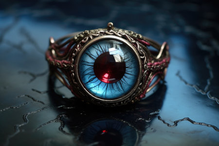 a top-view shot of an evil eye ring on a glass table, with subtle reflectionsの素材