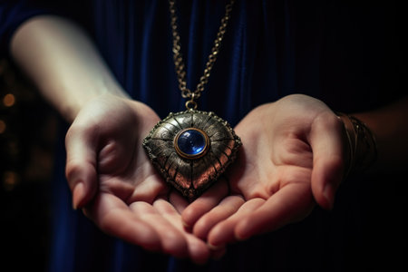 a womans hand holding an evil eye pendant in natural sunlightの素材