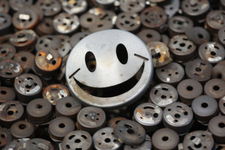 close-up of a smiley face made from old, worn-out keyboard keysの素材
