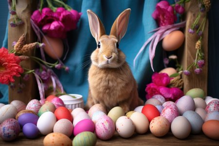 rabbit in a pink sweater, surrounded by colorful easter eggsの素材
