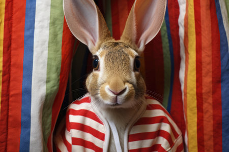 close-up of a rabbits long ears poking out from a striped sweaterの素材