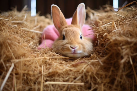 a chunky rabbit in a pink sweater nestled in a cozy bed of hayの素材