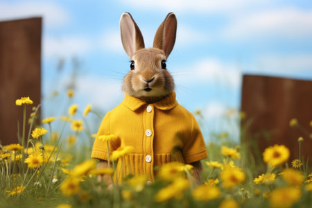 rabbit in a yellow sweater, sitting in a field with daisiesの素材