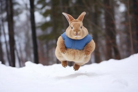 a chubby rabbit in a blue sweater hopping in the snowの素材