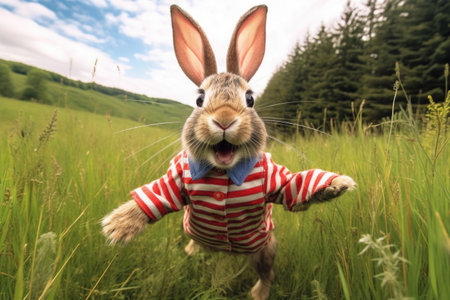 bunny with long ears wearing a striped sweater, hopping in the grassの素材