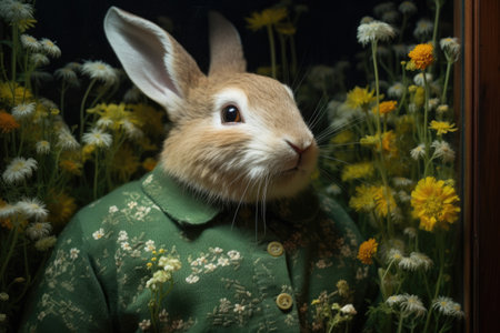 an oversized rabbit in a green sweater sniffing a blossom in a flower gardenの素材