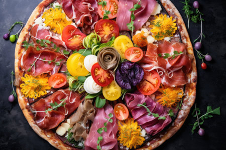 overhead shot of a colorful flatbread pizza with fresh toppingsの素材