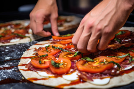 close-up of a chefs hands spreading tomato sauce on a raw flatbread pizzaの素材