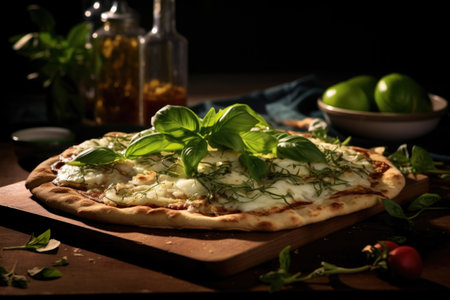 flatbread pizza with fresh basil leaves on top, illuminated by soft lightの素材