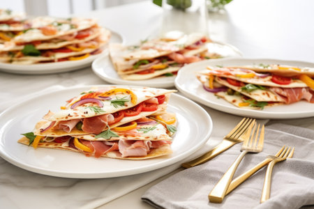 flatbread pizza slices on white plates with forks and napkinsの素材