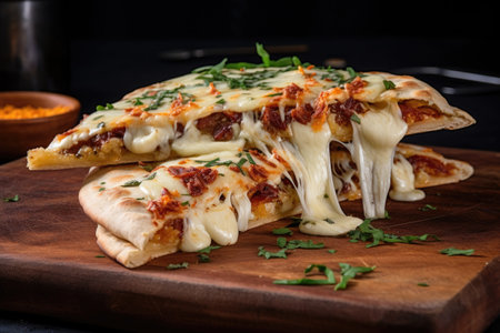 flatbread pizza with a slice lifted, showing melty cheeseの素材