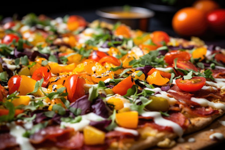 close-up of flatbread pizza with colorful vegetable toppingsの素材