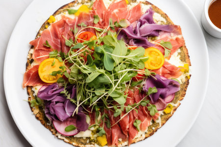 overhead shot of a flatbread pizza with a variety of colorful toppings on a white plateの素材