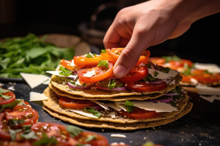 close-up of a hand adding cheese on a raw flatbread pizzaの素材