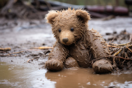 a soggy teddy bear lying in the muddy aftermath of a floodの素材