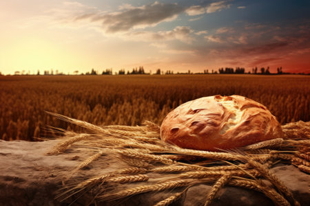 freshly baked bread overlaid with a wheat fieldの素材