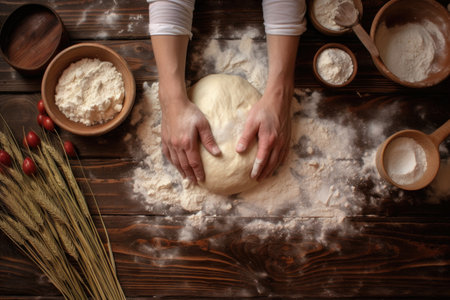 overhead shot of hands kneading dough on a wooden tableの素材