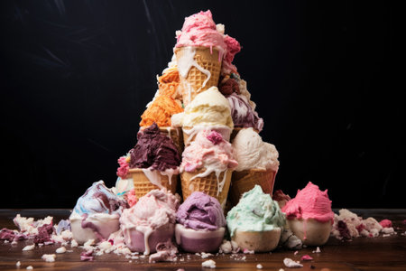 a pyramid of ice cream cones with different flavors in each layerの素材