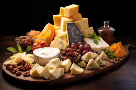 pyramid made of different types of cheese on a wooden boardの素材