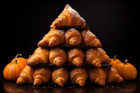 pyramid of bread loaves with a tiny croissant on topの素材